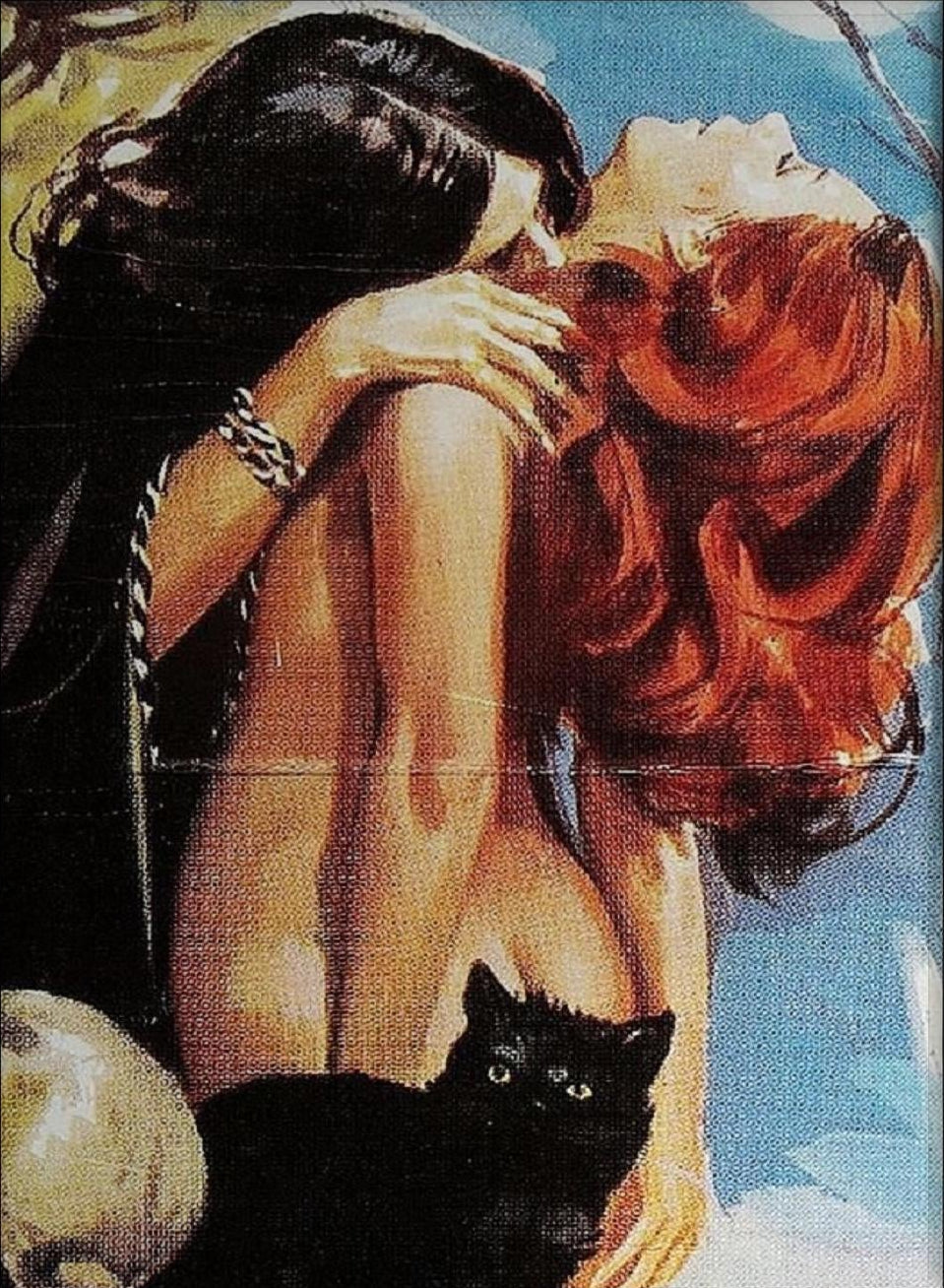 Artwork - Retro Witchy Lovers Art Print | Vintage Redhead Woman & Black Cat Wall Poster 
