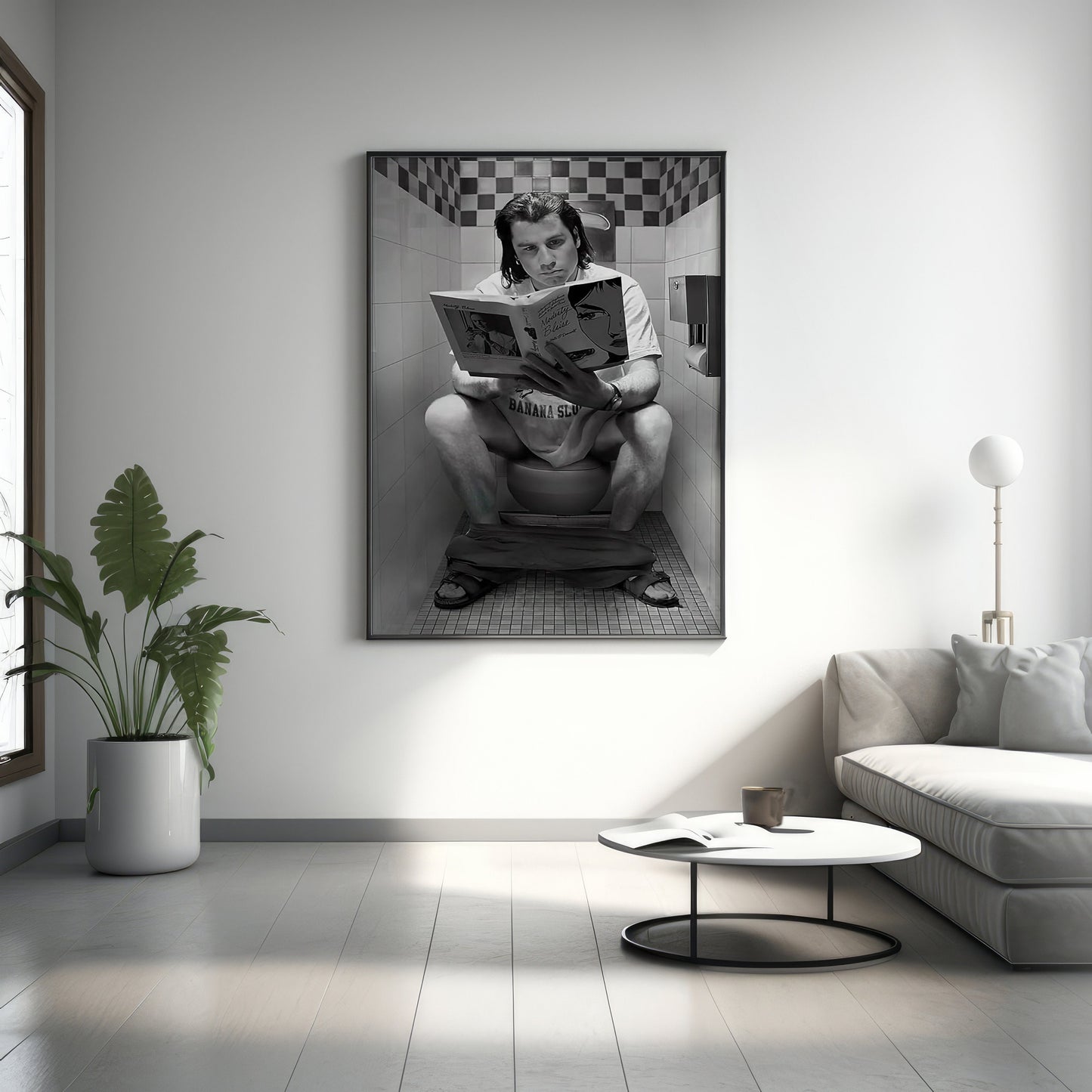 Schwarze und weiße Wandkunst, Schwarz-Weiß-Leinwandbild „Pulp Fiction“, Pulp Fiction Poster, Toilettenszene John Travolta Schwarz und Weiß