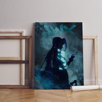 Neonblaue Punk-Girl in Rauch Poster | Cyber Tattoo Fantasy Wandkunst | Jinx Poster Kunst