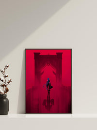 Punk-Girl-auf-Brücke-Poster | Neonrotes Cyberpunk-Wandbild