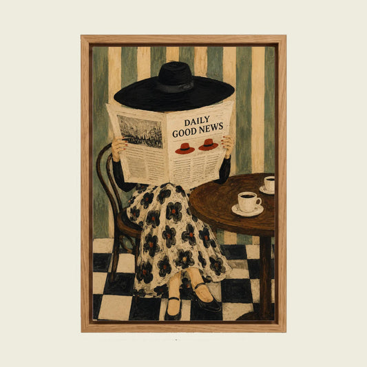 Daily Good News Café canvas wall art in a floating oak frame