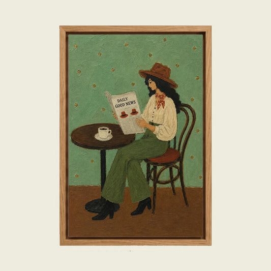 Daily Good News Cowgirl canvas wall art in a floating oak frame