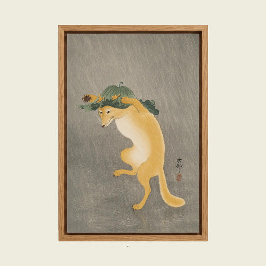 Dancing Fox with Lotus Leaf Hat by Ohara Koson canvas wall art in a floating oak frame