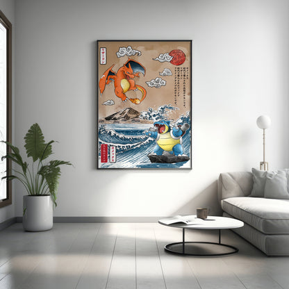 Anime Leinwandbilder, Glurak Leinwandbilder, Glurak vs. Turtok Wandposter, Vintage Anime Poster, Gerahmtes Anime Poster