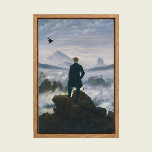 Wanderer and the Stealth Plane II canvas wall art in a floating oak frame