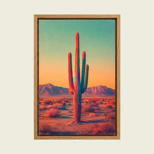 Retro Saguaro Cactus canvas wall art in a floating oak frame