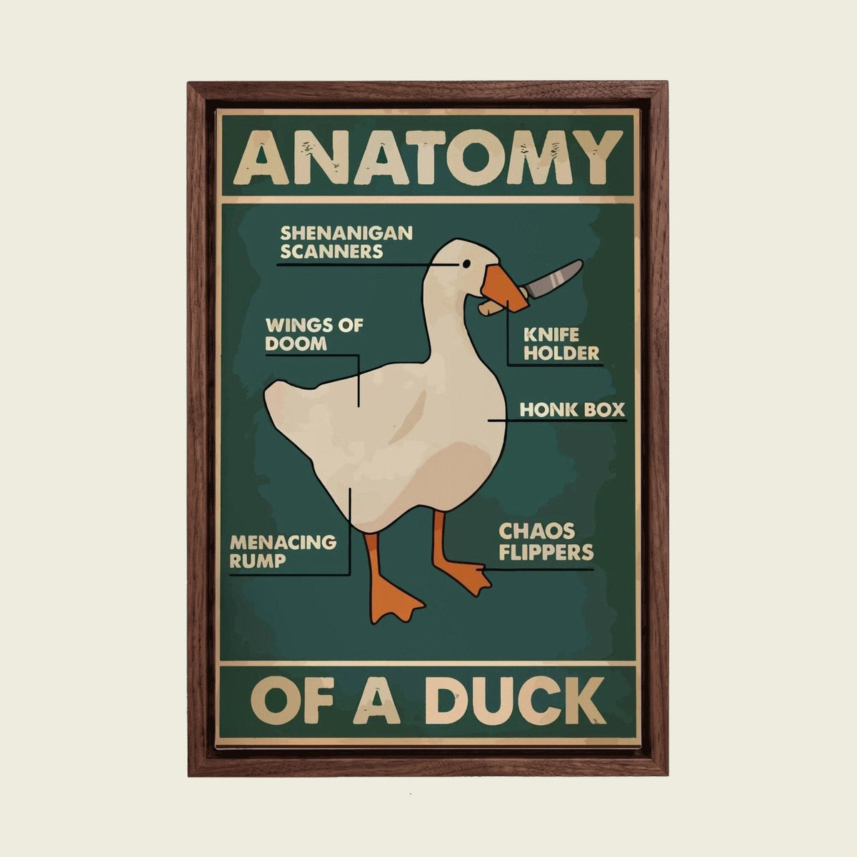 Anatomy of a Duck canvas wall art in a floating walnut frame