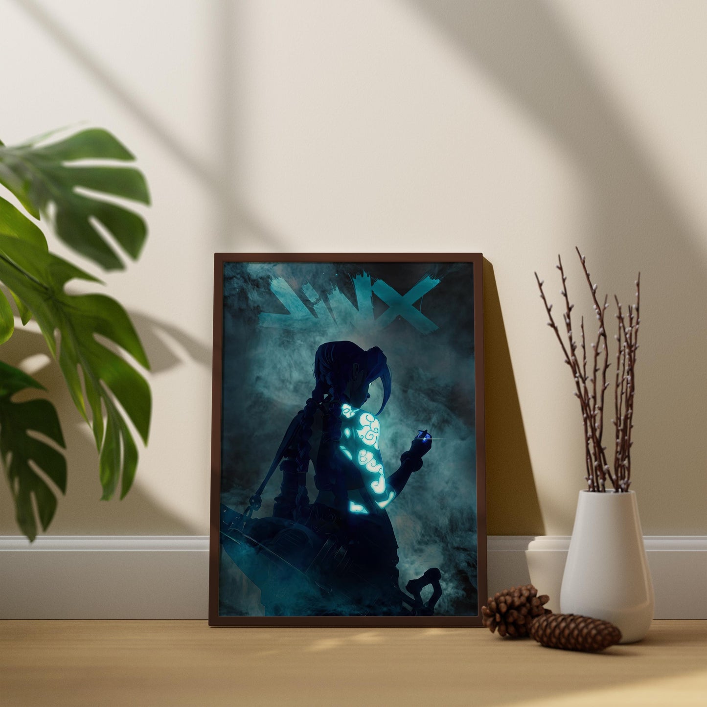 Neonblaue Punk-Girl in Rauch Poster | Cyber Tattoo Fantasy Wandkunst | Jinx Poster Kunst