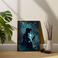 Neonblaue Punk-Girl in Rauch Poster | Cyber Tattoo Fantasy Wandkunst | Jinx Poster Kunst
