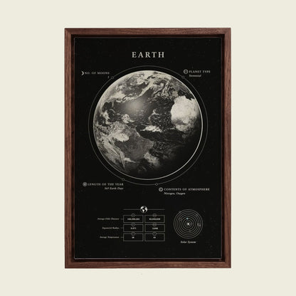Earth Planet Facts canvas wall art in a floating walnut frame
