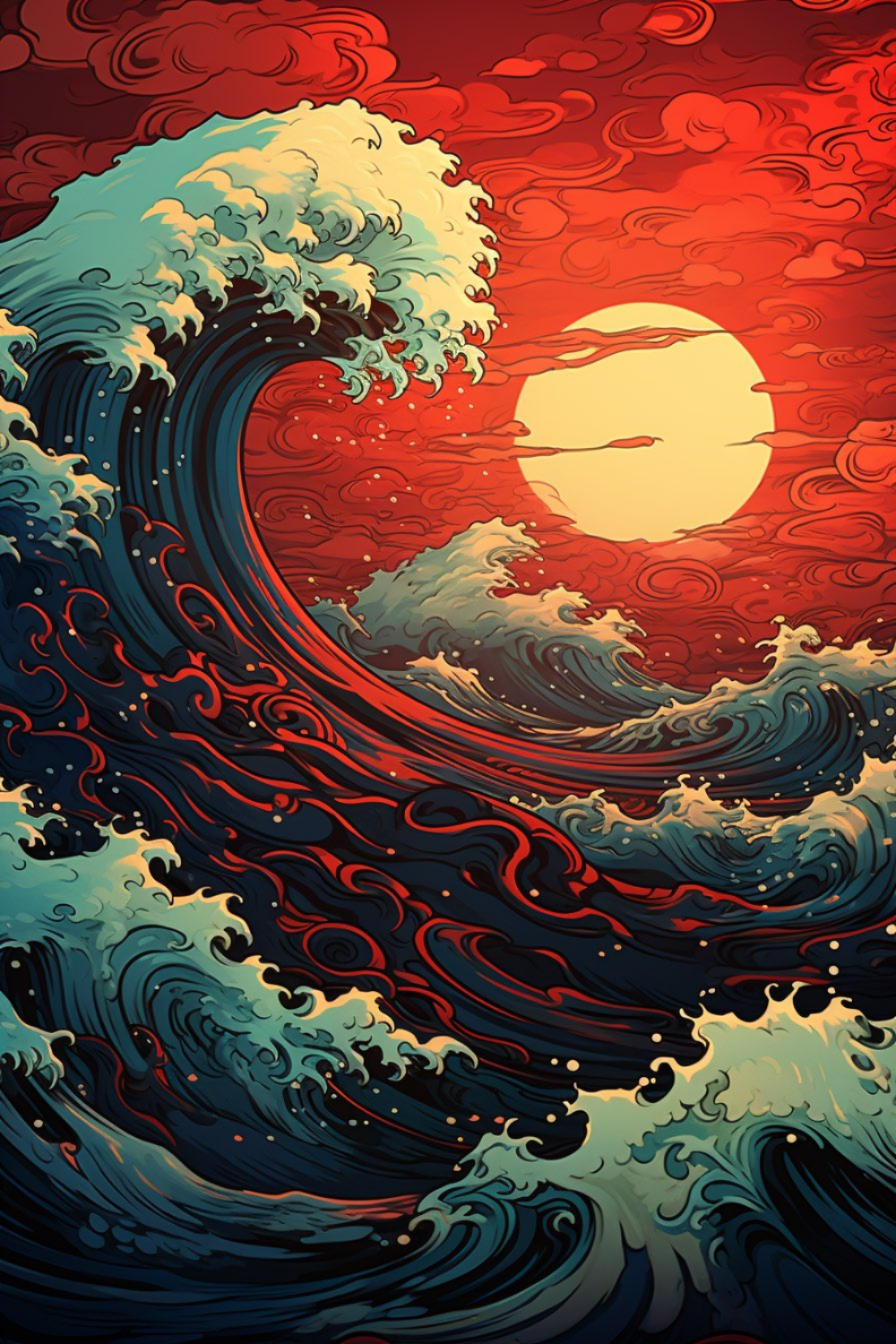 Artwork - The Dramatic Wave Of Kanagawa Wall Art, The Wave Of Kanagawa Red Wave, Kanagawa Art, Japanese Wall Art, Kanagawa Poster, Retro Kanagawa Art