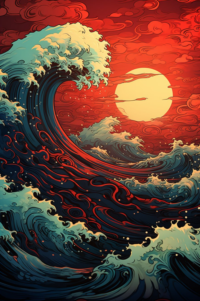 The Wave Of Kanagawa Red Wave Canvas Wall Decor