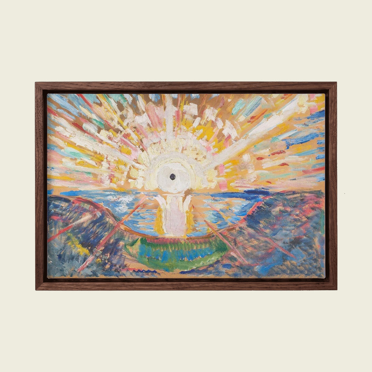 The Sun by Edvard Munch canvas wall art in a floating walnut frame
