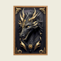 Black and Gold Dragon canvas wall art in a floating oak frame