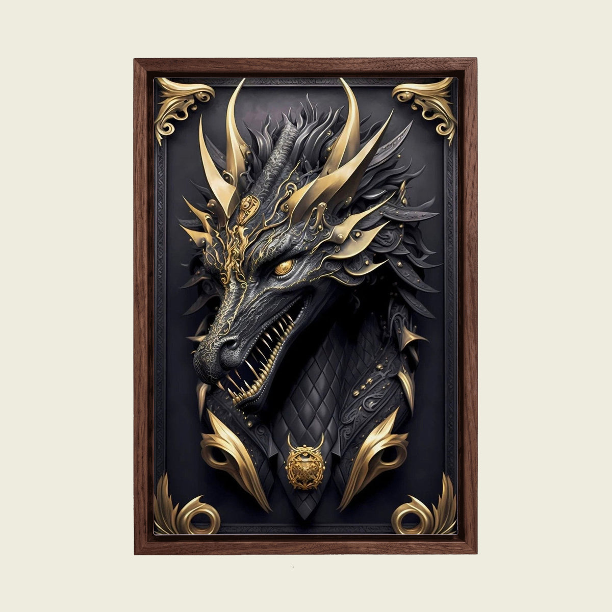 Black and Gold Dragon canvas wall art in a floating walnut frame