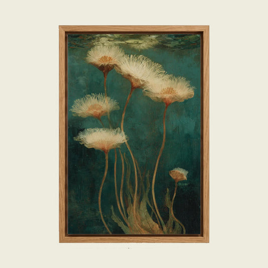 Emerald Underwater Botanical canvas wall art in a floating oak frame