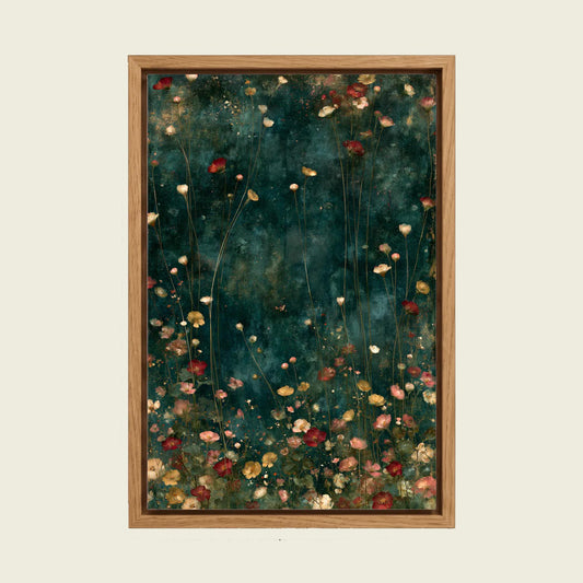 Emerald Wildflowers canvas wall art in a floating oak frame