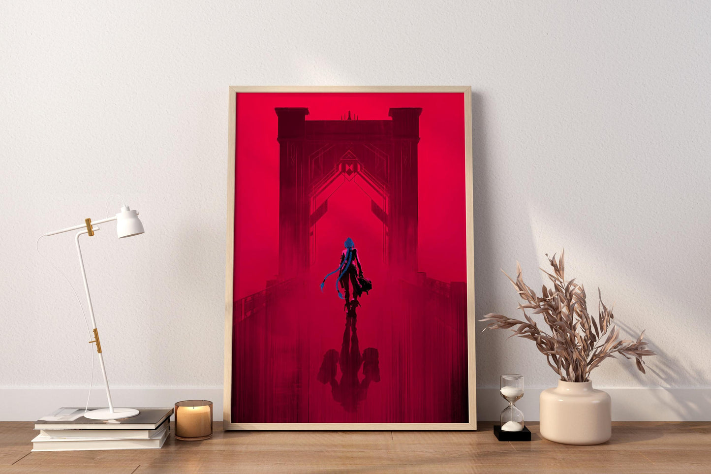 Punk-Girl-auf-Brücke-Poster | Neonrotes Cyberpunk-Wandbild