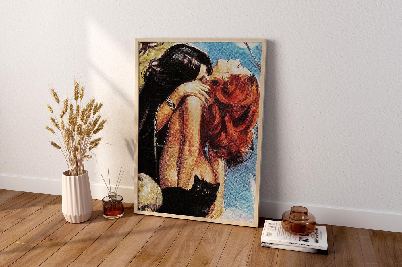 Retro Witchy Lovers Art Print | Vintage Redhead Woman & Black Cat Wall Poster
