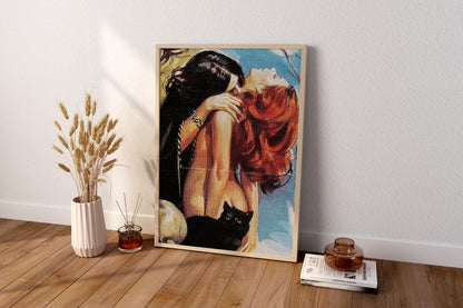 Retro Witchy Lovers Art Print | Vintage Redhead Woman & Black Cat Wall Poster