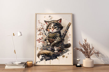 Samurai Katze Leinwand-Wandkunst, Süßes Samurai Katze Poster, Modernes Kunst-Poster, Gerahmte Leinwand, Japanische Kunst Leinwand-Wandkunst, Japanisches Kunst-Poster