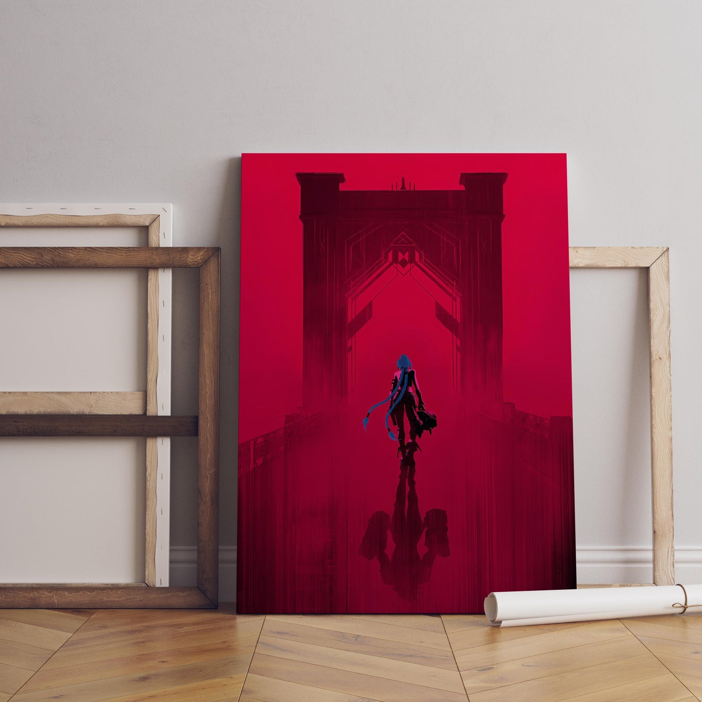Punk-Girl-auf-Brücke-Poster | Neonrotes Cyberpunk-Wandbild