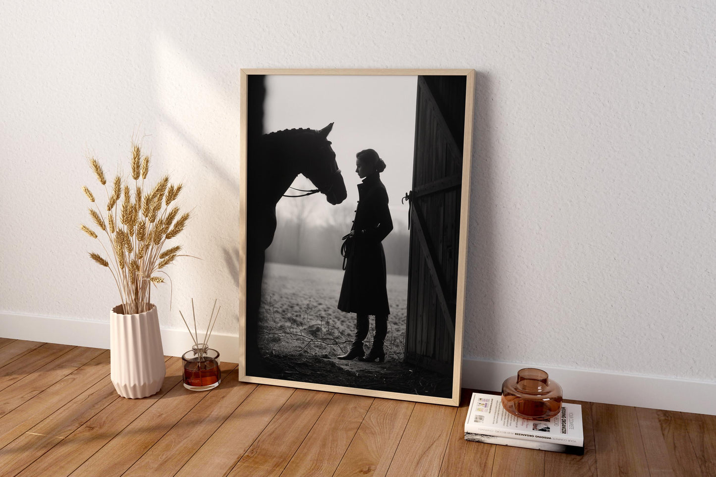 Black and White Equestrian Woman with Horse | Minimalist Stable Wall Art Print