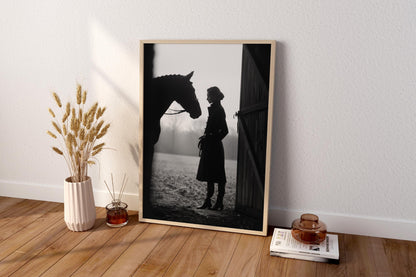 Black and White Equestrian Woman with Horse | Minimalist Stable Wall Art Print