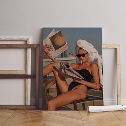 Chic Rooftop Woman Reading Newspaper Poster | Fashion Editorial Style Wall Art Print