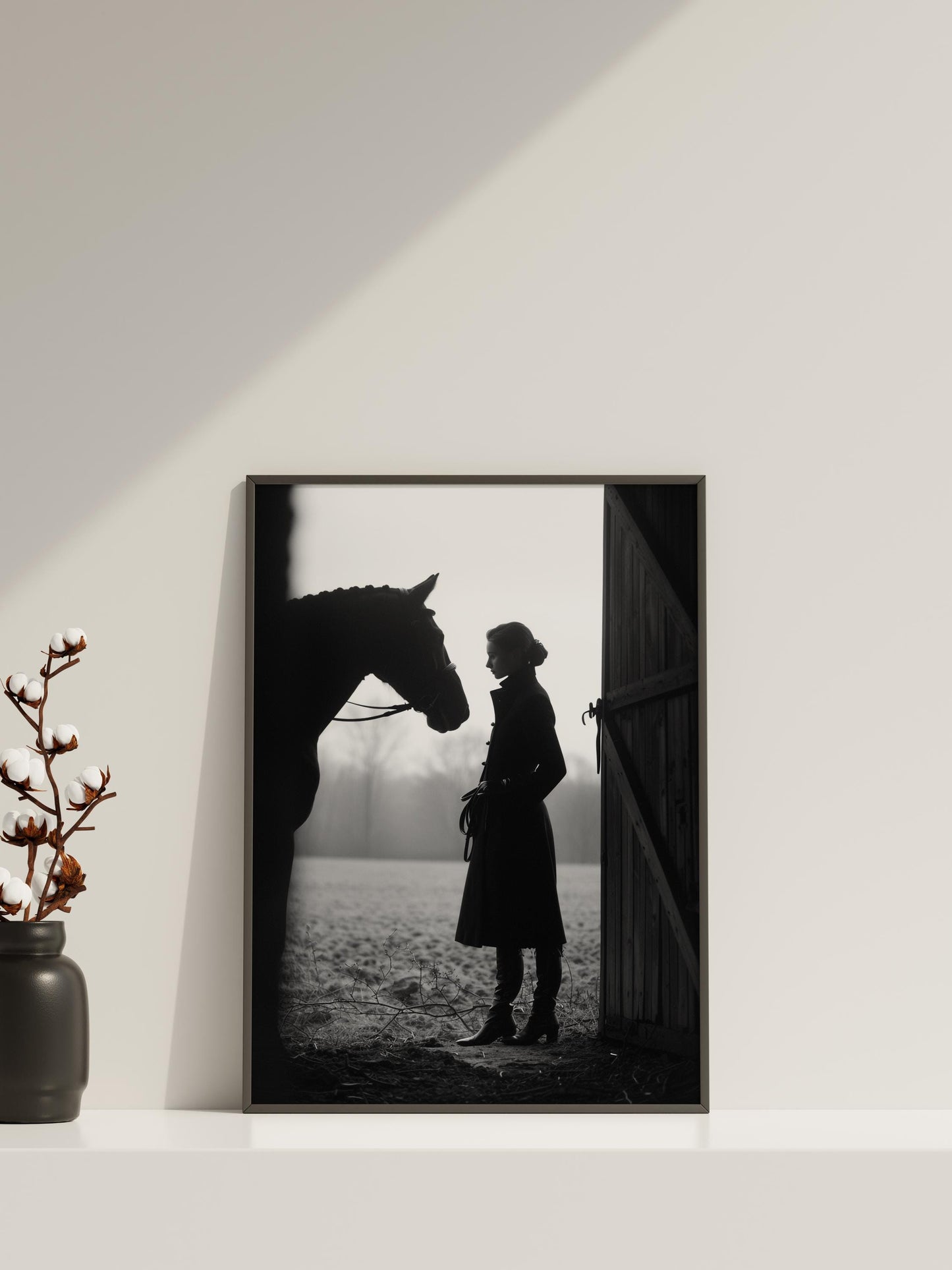 Black and White Equestrian Woman with Horse | Minimalist Stable Wall Art Print