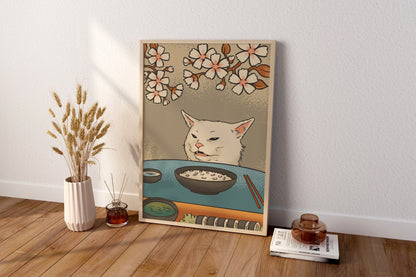 Wandbild Frau und schreiende Katze, Moderne japanische Kunst, Japanische Leinwand-Wandkunst, Vintage japanisches Poster, Japanisches Katzenposter