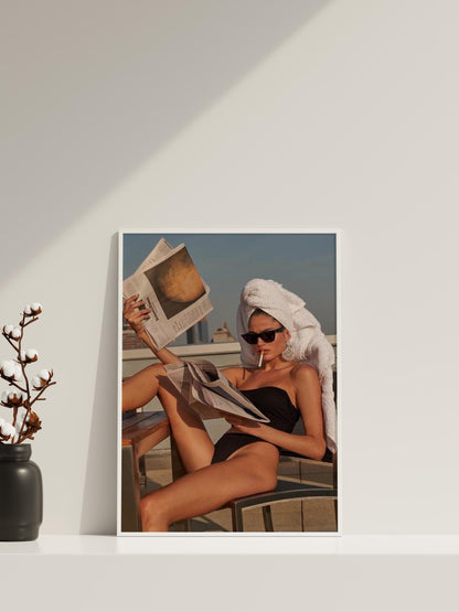 Chic Rooftop Woman Reading Newspaper Poster | Fashion Editorial Style Wall Art Print