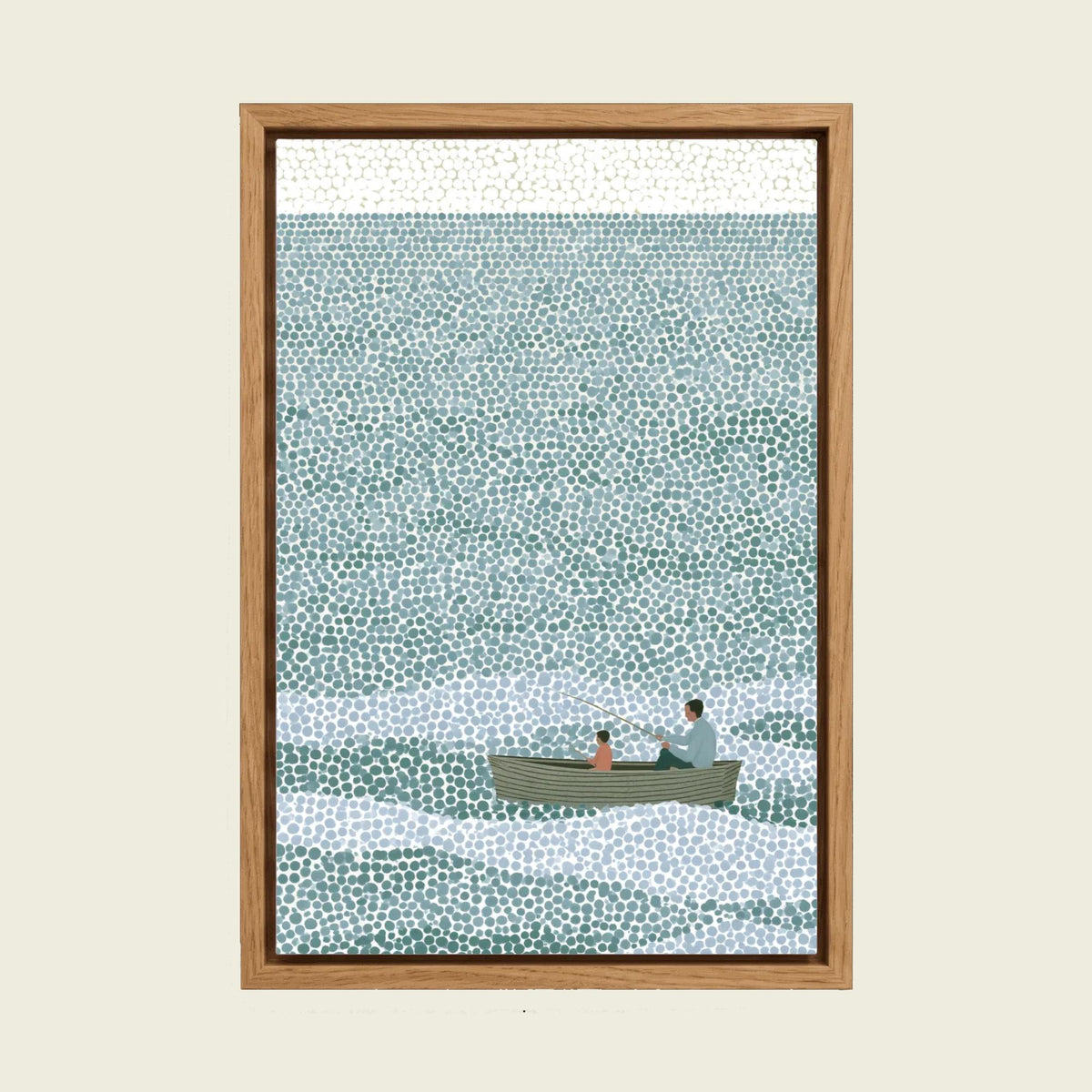 Feed Floating Oak Father and Son Fishing Canvas Wall Art, Pointillism Ocean Painting