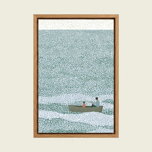 Father and Son Fishing canvas wall art in a floating oak frame