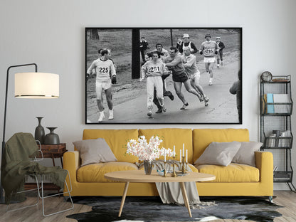 Kathrine Switzer First Woman to Officially Run Boston Marathon, Framed Canvas Wall Decor, Black And White Wall Art
