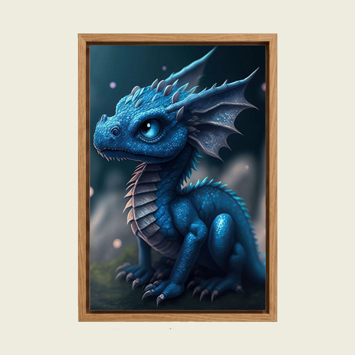 Blue Baby Dragon canvas wall art in a floating oak frame