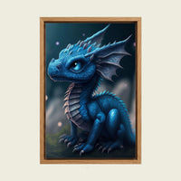 Blue Baby Dragon canvas wall art in a floating oak frame