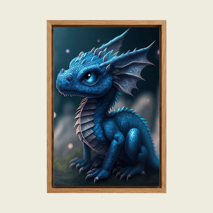 Blue Baby Dragon canvas wall art in a floating oak frame