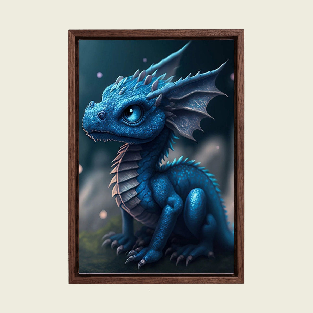 Blue Baby Dragon canvas wall art in a floating walnut frame