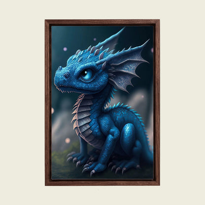 Blue Baby Dragon canvas wall art in a floating walnut frame