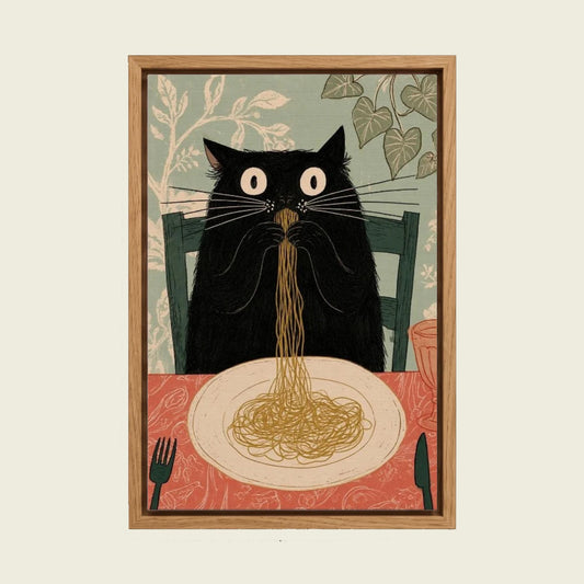 Black Cat Eating Spaghetti canvas wall art in a floating oak frame
