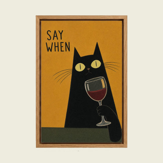 Say When Black Cat canvas wall art in a floating oak frame