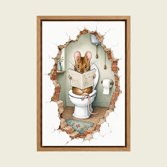 Mouse Reading the Newspaper canvas wall art in a floating oak frame