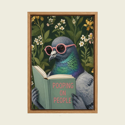 Pigeon Reading a Book canvas wall art in a floating oak frame