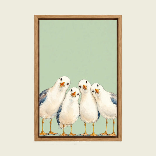 Funny Seagull canvas wall art in a floating oak frame