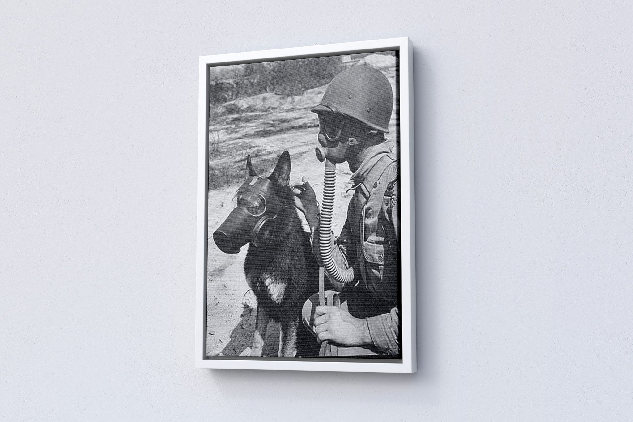 Gas Mask Dog And Soldier Canvas Poster - Canvasworkshop