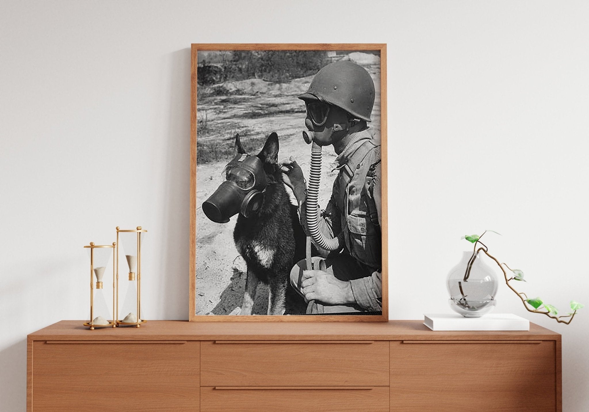 Gas Mask Dog And Soldier Canvas Poster - Canvasworkshop