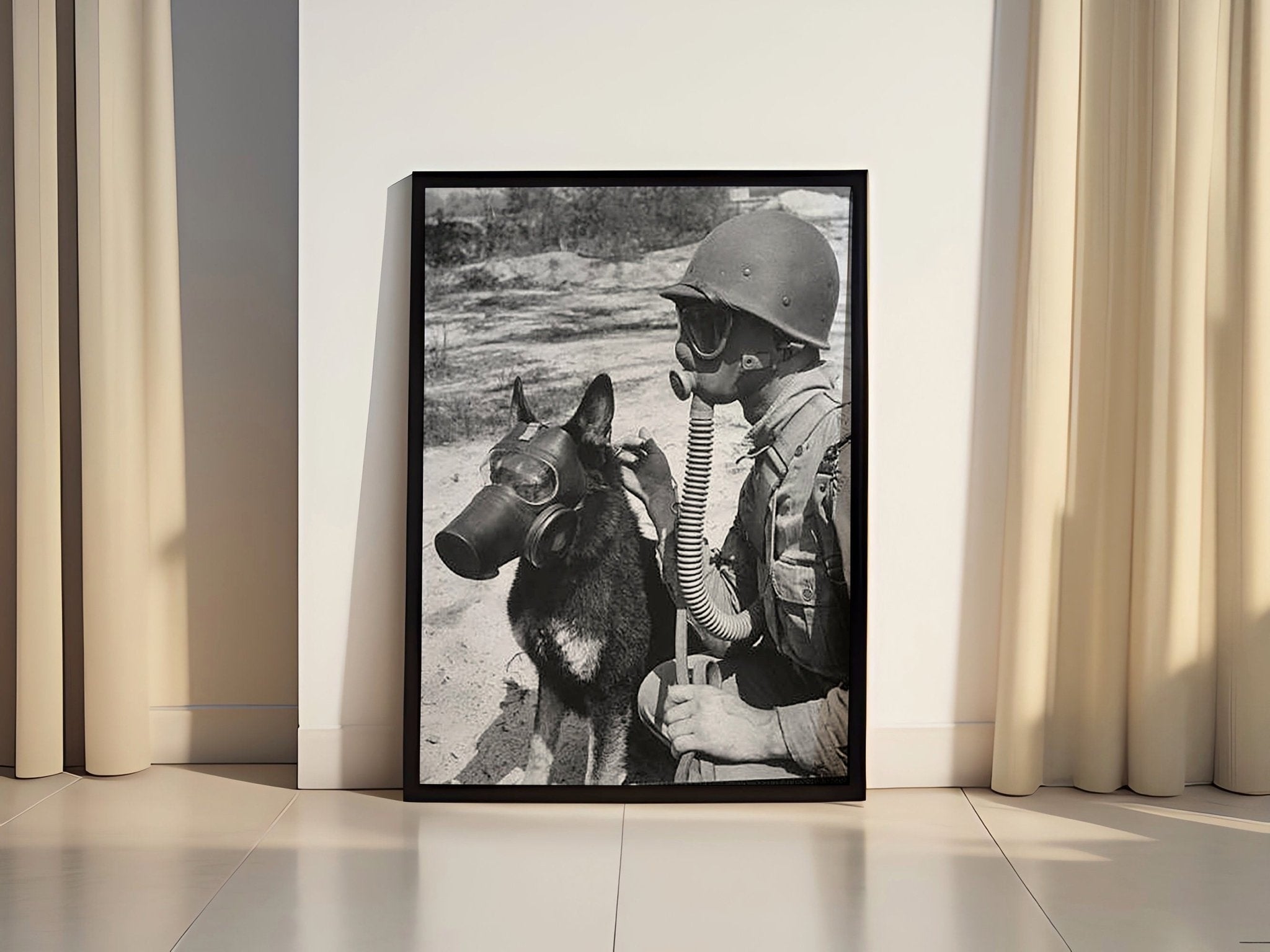 Gas Mask Dog And Soldier Canvas Poster - Canvasworkshop