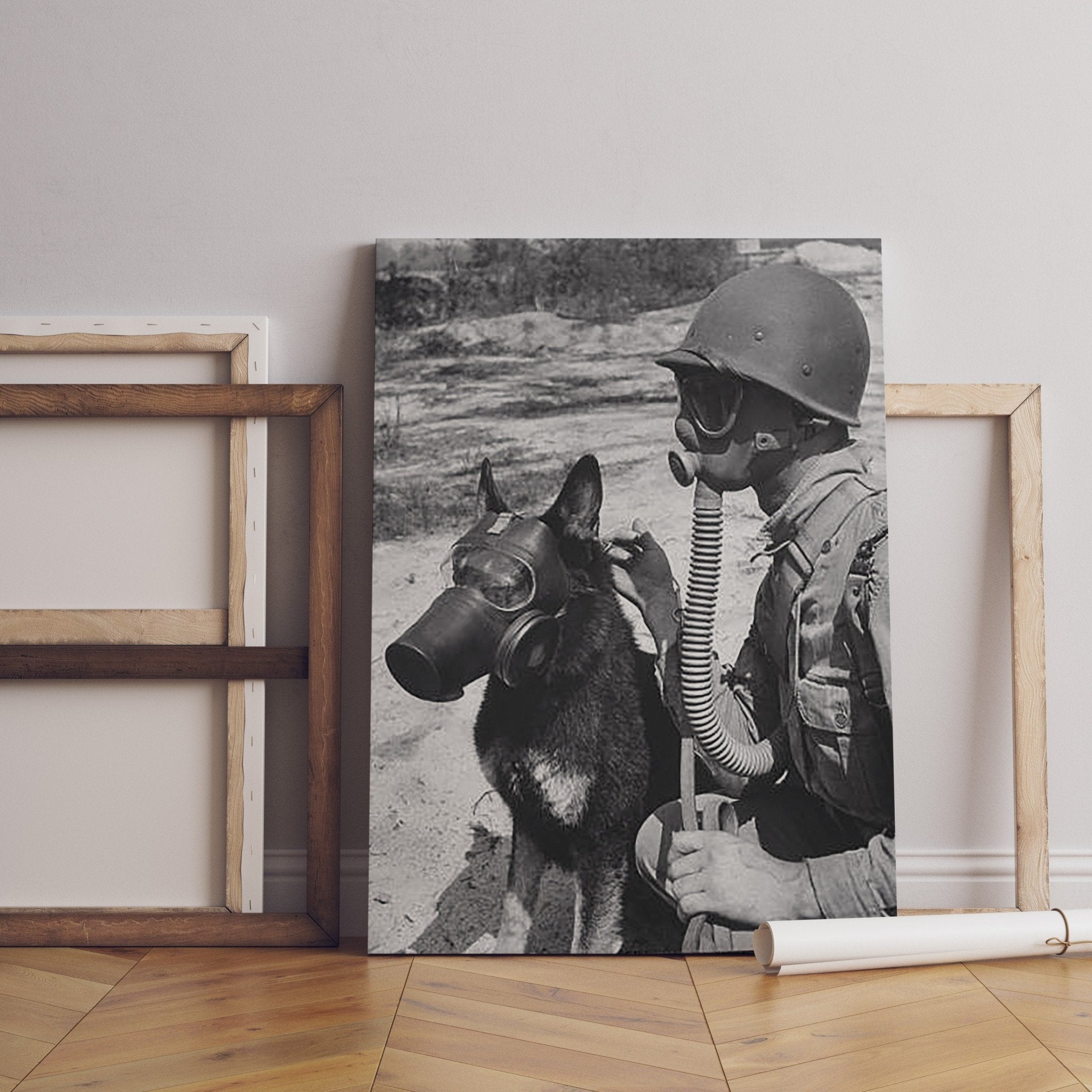 Gas Mask Dog And Soldier Canvas Poster - Canvasworkshop