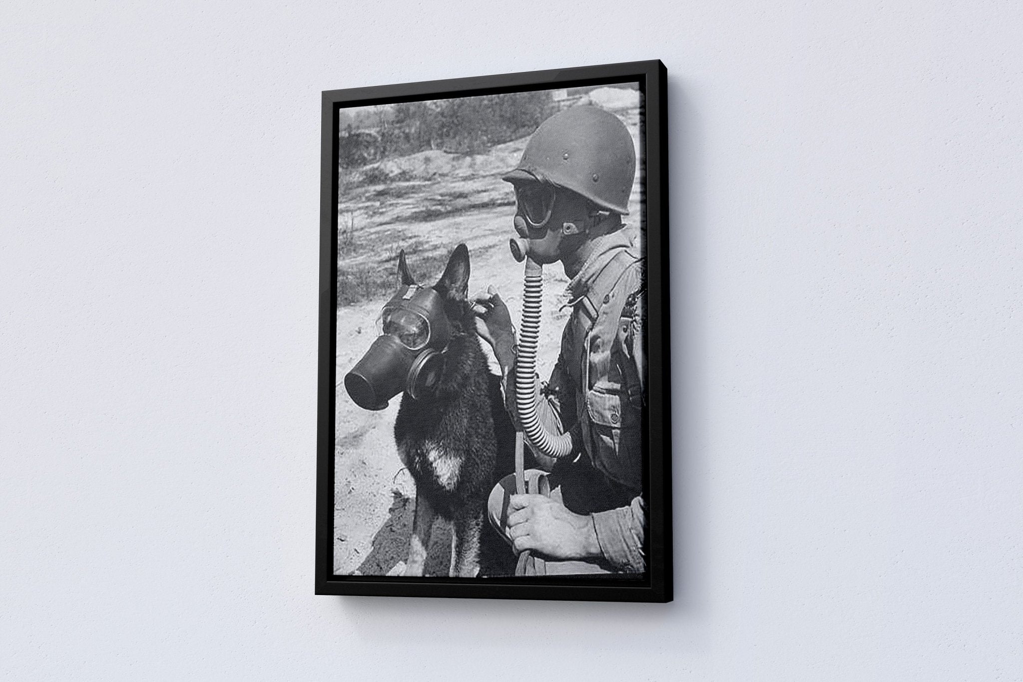 Gas Mask Dog And Soldier Canvas Poster - Canvasworkshop